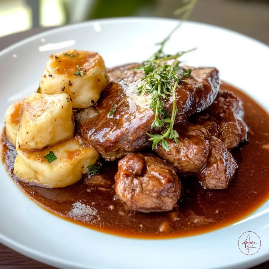 Rindergulasch und Petersilienknödel