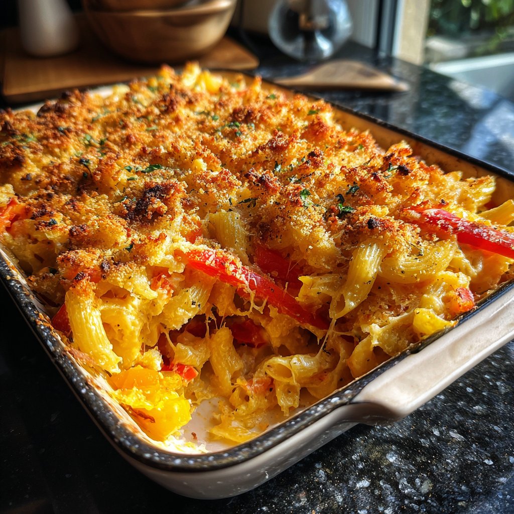 Vegetarischer Nudelauflauf mit Paprika